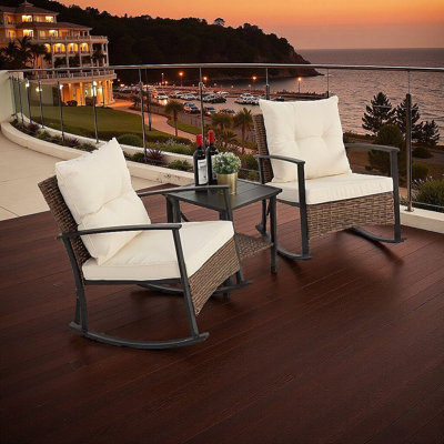 Ensemble de chaises berçantes d'extérieur de qualité supérieure - Ensemble bistro 3 pièces en osier et patio en métal avec coussins