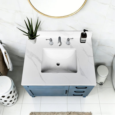31 - Inch Quartz Bathroom Vanity, Undermount Single Sink, 4 High Backsplash, 3 Pre Drilled Faucet Holes, Stain , Suitable For Upgrade Project White Counter, Middle Bowl Heat Ideal Renovation