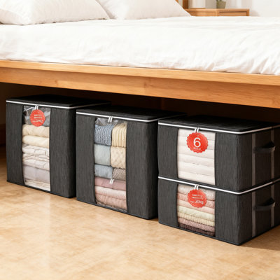 Organisateur 6 pièces en tissu pliable 90L avec fenêtre transparente et deux poignées pour vêtements, literie et jouets, gris