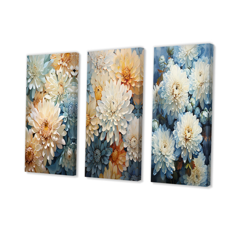 Ensemble de 3 décorations murales bleues et blanches «Mums Flowers Elegance», H 28 po x l 36 po, Toile tendue