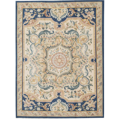 Tapis ivoire et bleu noué à la main de haute qualité