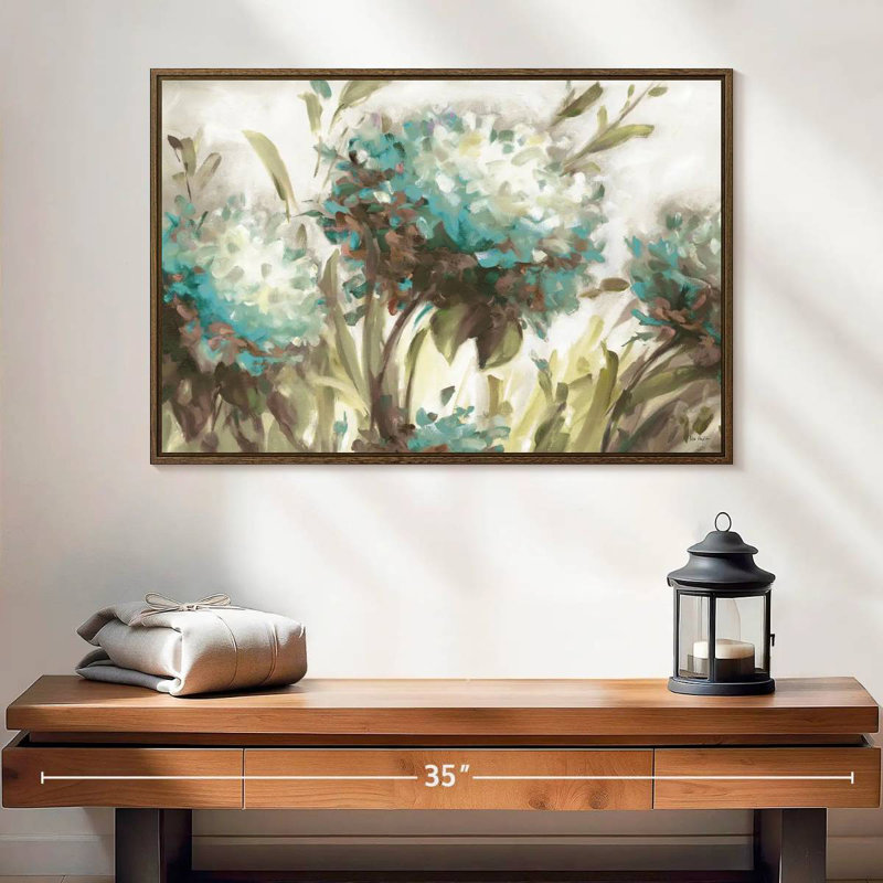 Hydrangea Field Neutral, 25" X 17", Floating Frame Walnut