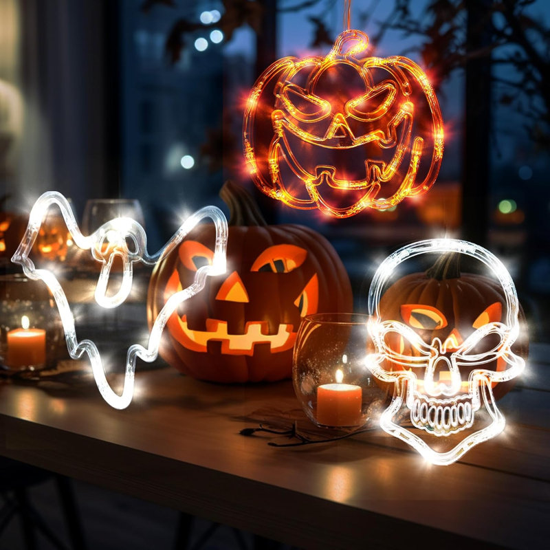 Ensemble de 3 lumières de décoration de fenêtre d'Halloween, lumières de fenêtre d'Halloween suspendues à piles, lumières de décoration d'Halloween à DEL avec crochet à ventouse avec fonction de fondu lent et de minuterie (citrouille, crâne, fa