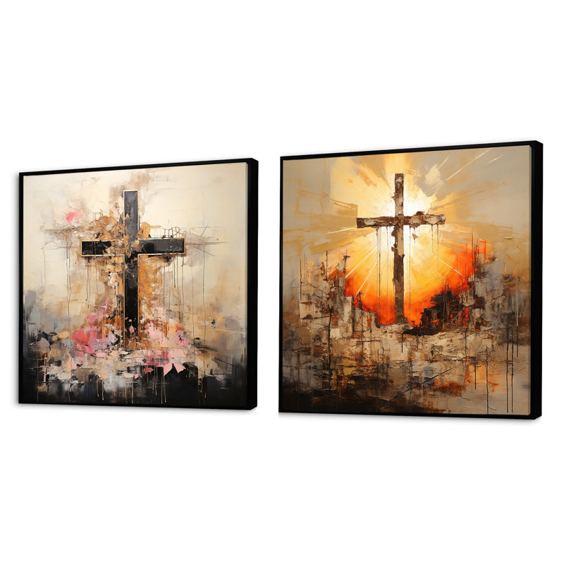 Minimalisme floral, croix religieuse - ensemble de 2 collages carrés, Cadre flottant noir, H 16 po x l 33 po