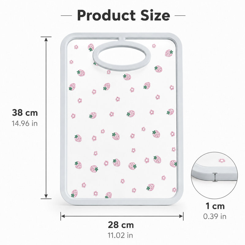 Planche à découper en verre trempé avec poignée, bord antidérapant en silicone, compatible lave-vaisselle, et plateau de service pour la cuisine, couleur fraise.