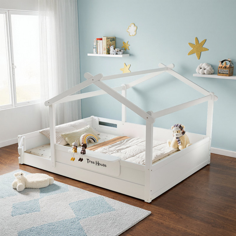 Grand lit blanc pour enfant avec garde-corps, toit et plateau intégré - assemblage facile, conception Montessori, Blanc clair