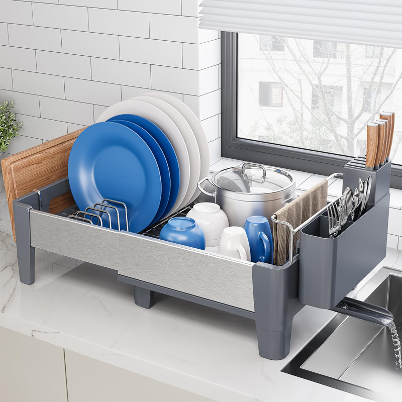 Expandable Dish Drying Rack, Stainless Steel Dish Rack with Aluminum Frame, Dish Drainer for Kitchen Counter Gray
