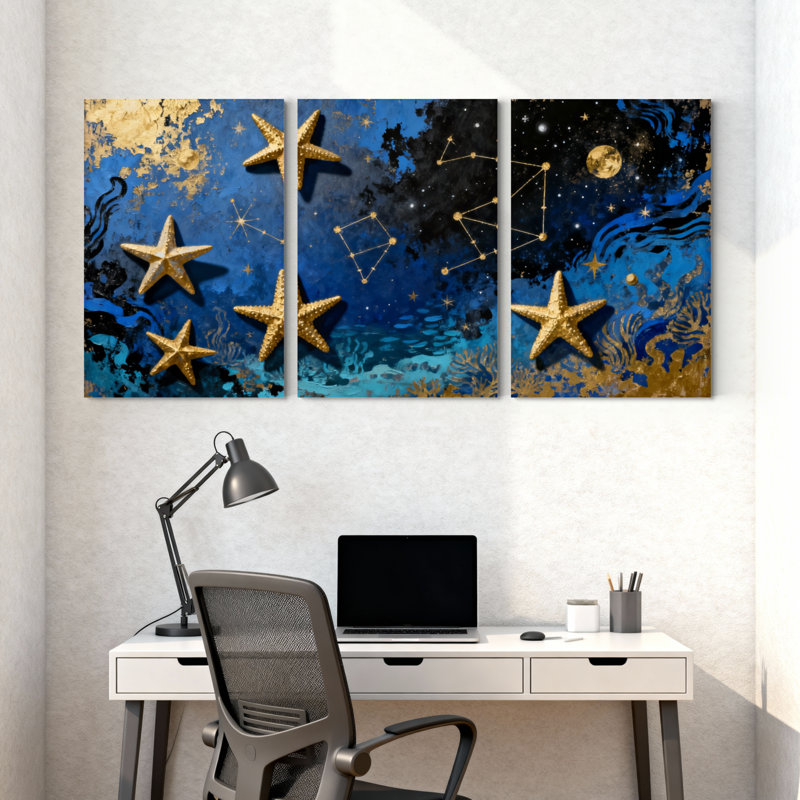 Étoiles d'or, ciel bleu, constellations, lune, vagues de l'océan, ensemble de 3 impressions sur toile, H 18 po x l 36 po