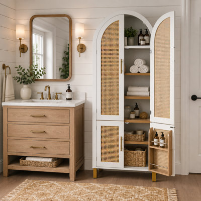 Armoire de rangement pour salle de bain 71 po avec 4 portes en rotin, tablettes réglables et supports intégrés