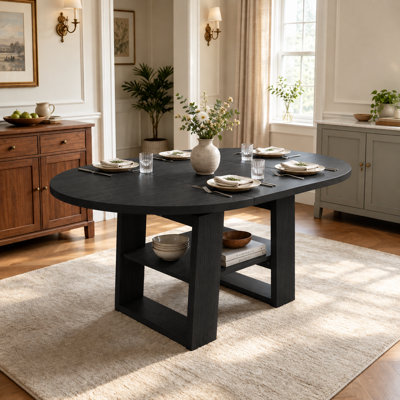 Table de salle à manger extensible de 110 à 150 cm pour 4 à 6 personnes, avec rallonge intégrée rabattable, tablette de rangement et piètement métallique en forme de H.