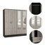 Armoire Bolton 160, six tablettes, deux armoires à deux portes, deux miroirs, deux tiroirs, tringle noire / gris clair