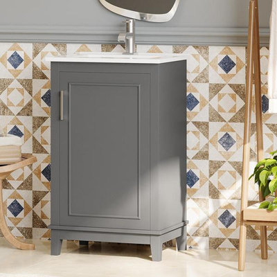 Petit meuble-lavabo moderne de 20 pouces avec lavabo en céramique - 20 * 15,5 * 33,3 pouces, grand rangement, 1 porte à fermeture en douceur