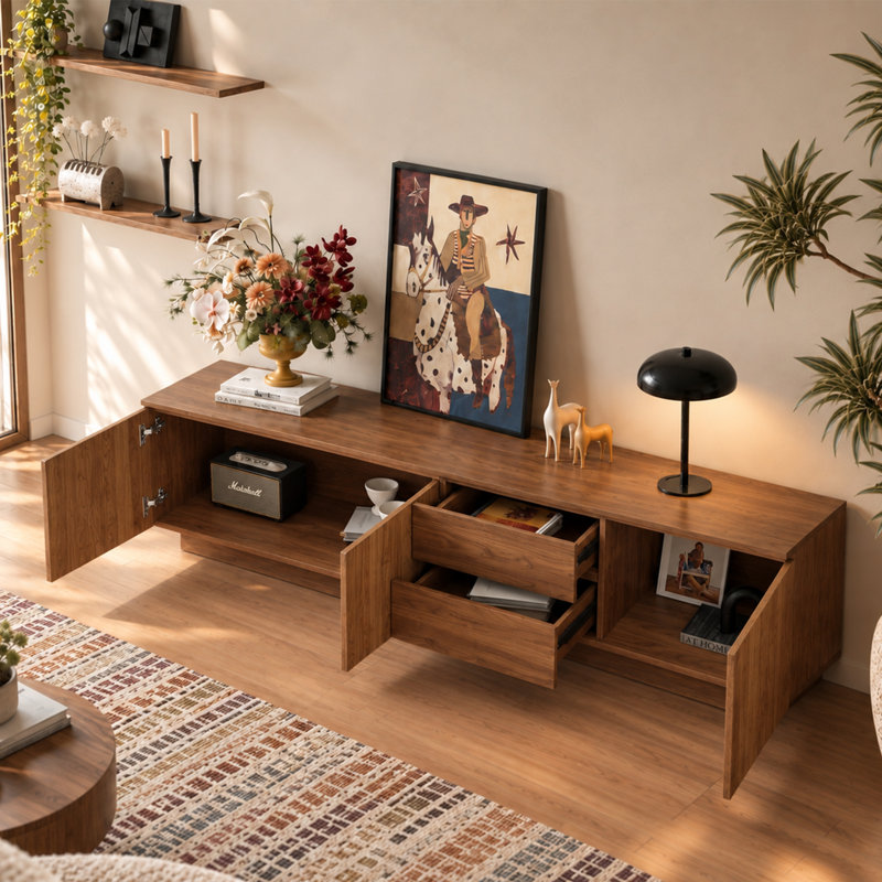 Meuble télé 78,7 po Mid-Century en noyer avec portes et tiroirs cannelés, console multimédia à profil bas