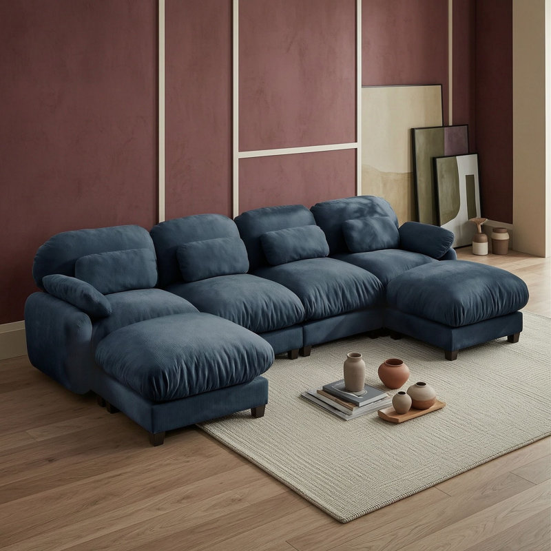 Canapé d'angle en U quatre places avec deux poufs, Bleu