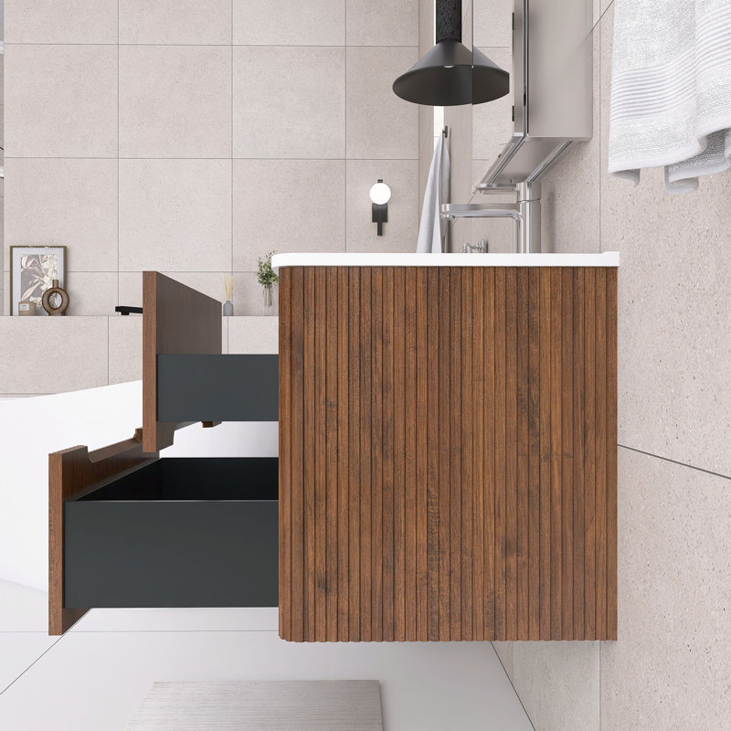 Meuble-lavabo simple mural 24 po avec comptoir en céramique 24 po, Walnut
