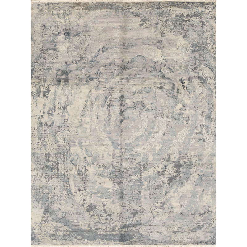 Tapis gris et bleu noué à la main de haute qualité