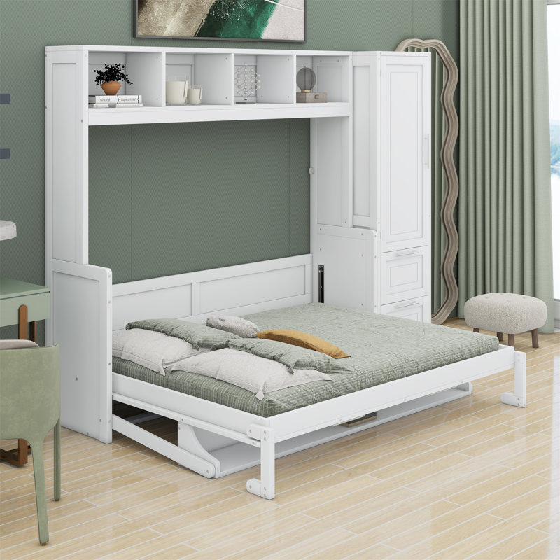 Lit escamotable avec placard et tiroirs Murphy, Blanc, Double