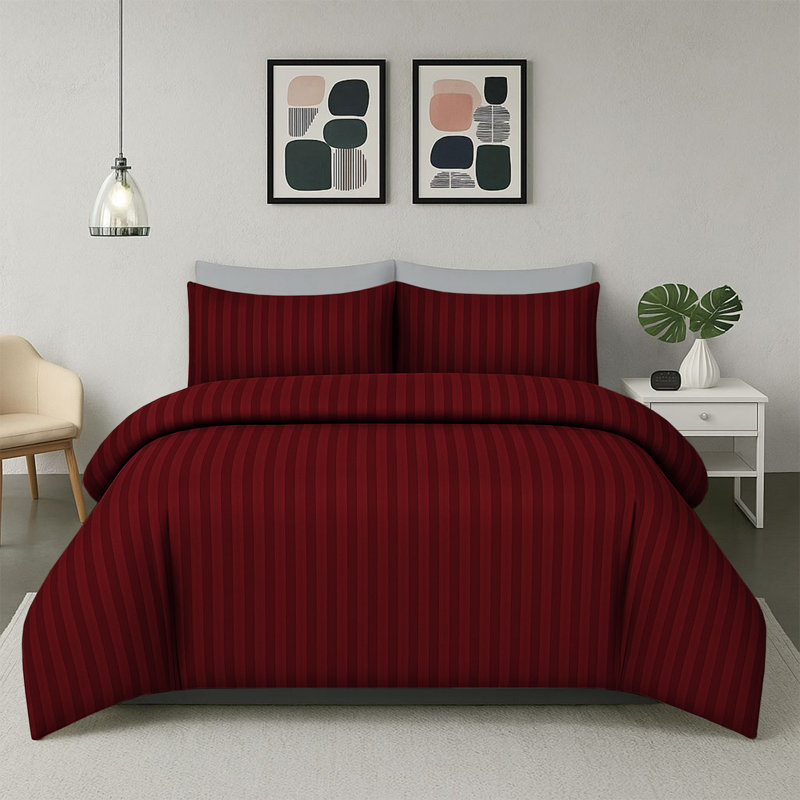 Haffa Microfiber Striped Duvet Cover Set with Pillowcases, Super King Duvet Cover + 2 Standard Pillowcases, Burgundy