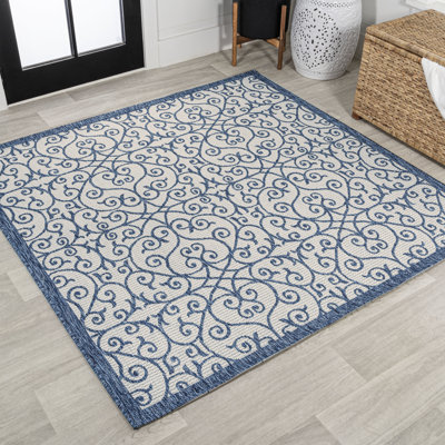 Deronte Vintage Filigree Textured Weave Blue/Cream Indoor/Outdoor Rug