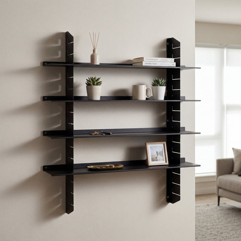  Adjustable Metal Floating Shelf Unit, Designer Industrial Wall Mounted Display Rack, Black, 4 Shelves