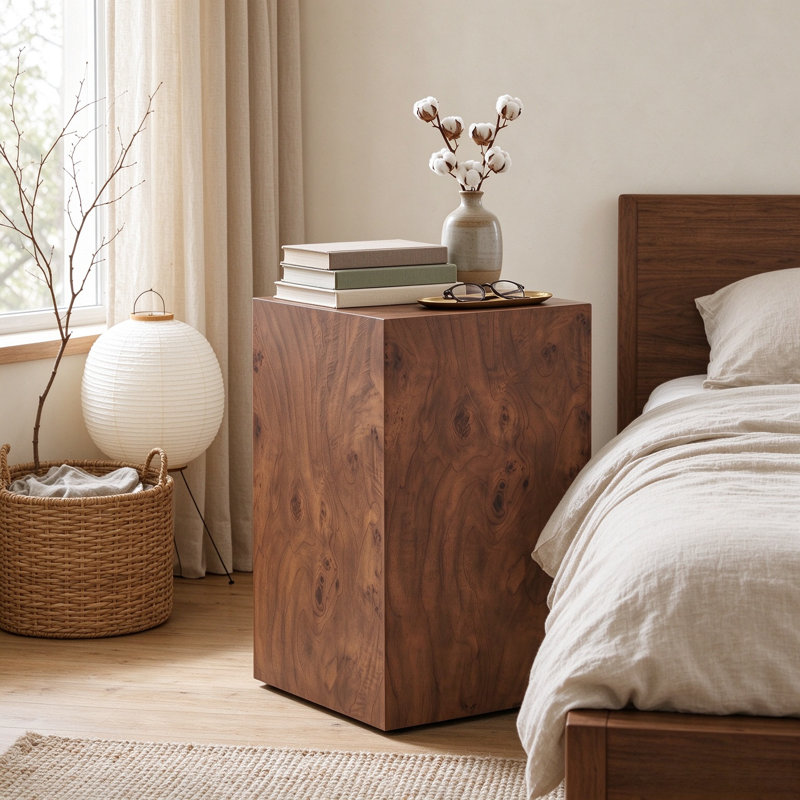 Table d'appoint cubique en MDF plaqué noyer, table d'appoint carrée marron, table multifonctionnelle sans assemblage pour salon, chambre, entrée ou bureau