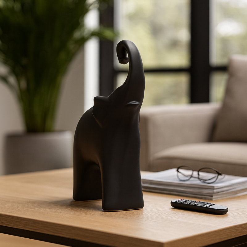 Figurine décorative d'éléphant en céramique avec style glamour pour la décoration intérieure - objet de sculpture animalière moderne pour le bureau ou décorations pour le salon - noir