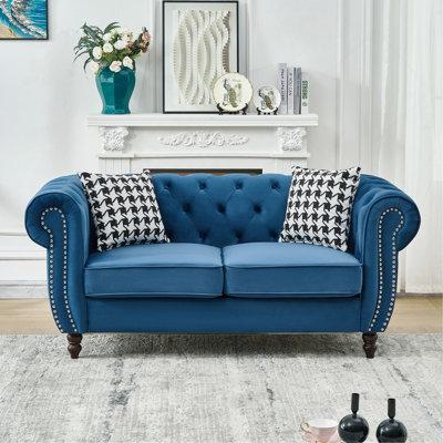 67"Chesterfield ‌velvet upholstery fabric Sofa with Roll Armrest & Nailhead,Upholstered Mid Century Modern Couch,2 Seater Couch for Living Room, Office, Apartment,Blue