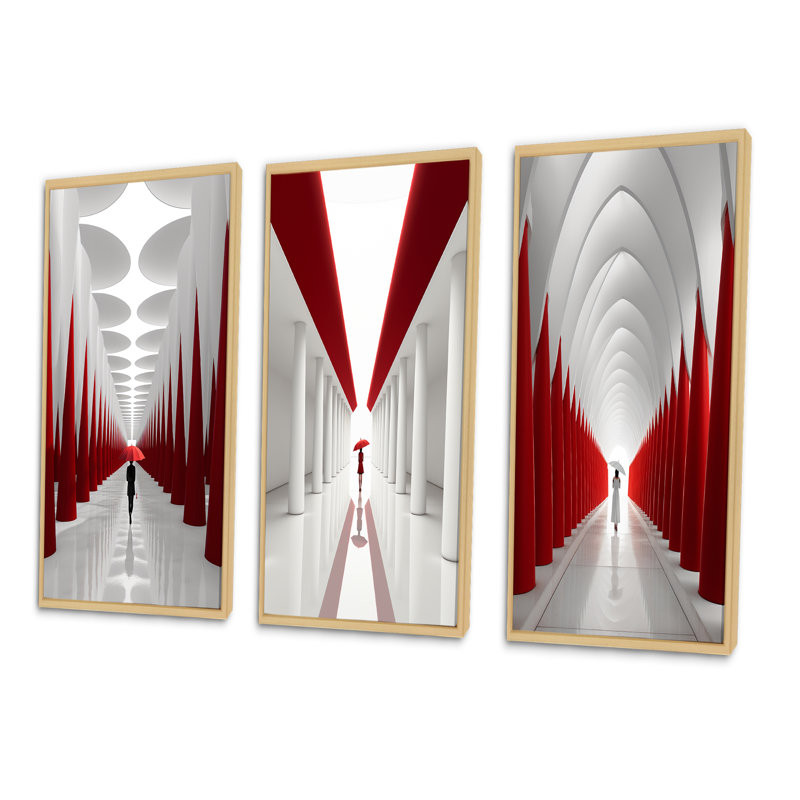 rouge et blanc chemin vers le rêve I - ensemble de 3 décorations murales paysages abstraits, H 28 po x l 36 po