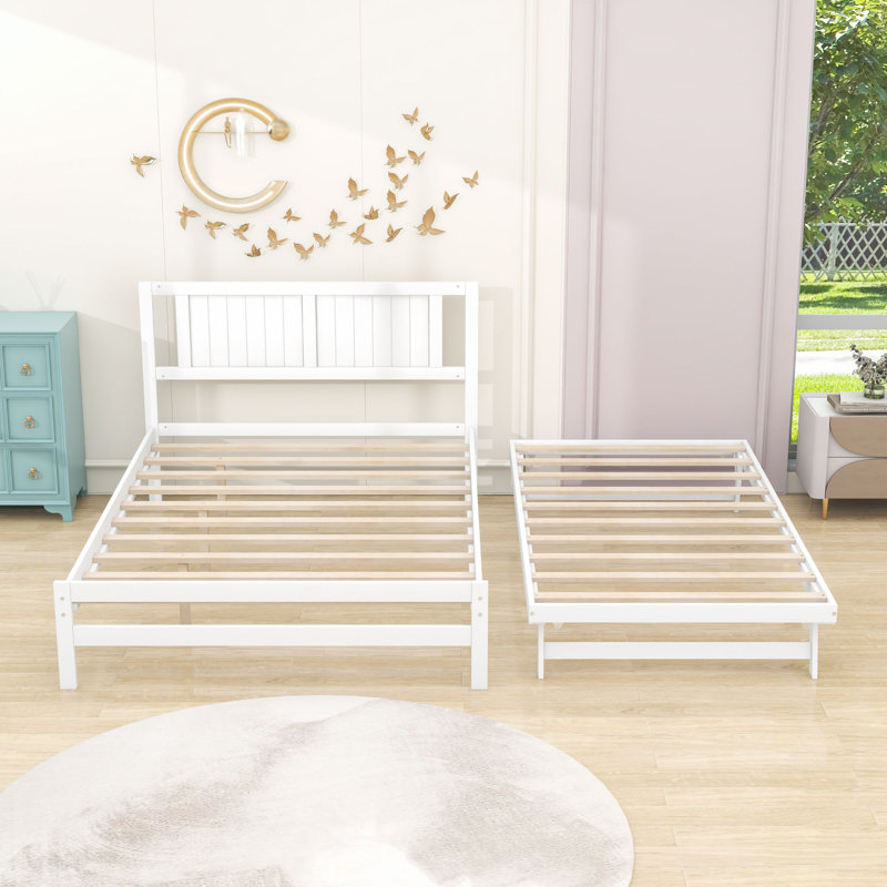 Lit plateforme double en bois avec lit gigogne simple réglable et tête de lit, Blanc
