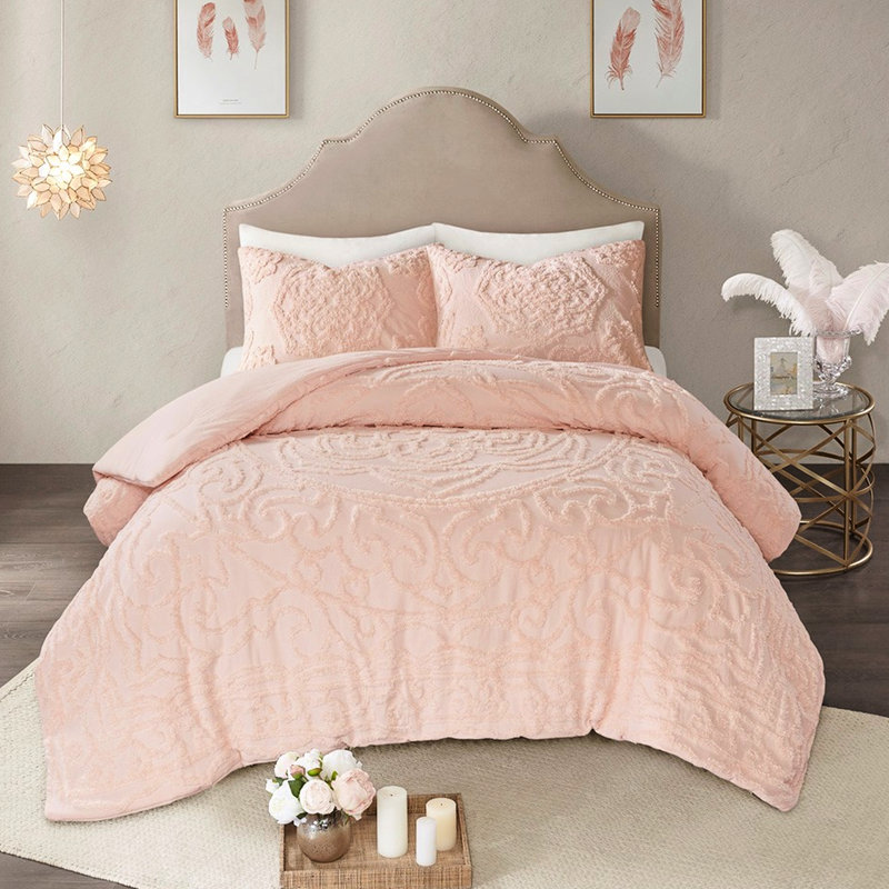Édredon 100% rembourré - 3 médaillons en chenille de coton rosé double / grand, Édredon double / grand et 2 taies décoratives