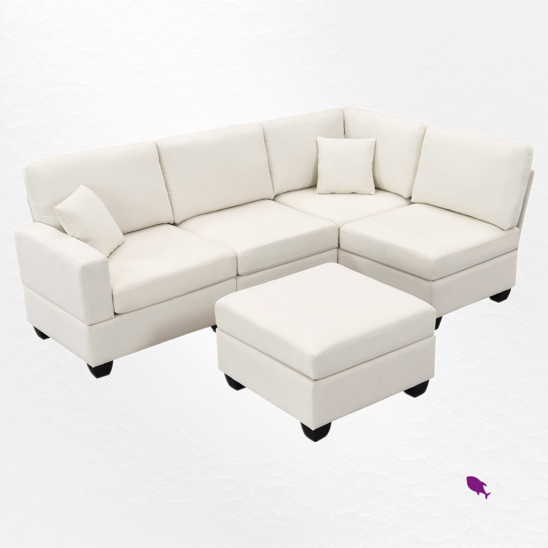 Canapé modulaire rembourré 5 pièces avec repose-pieds, 100 % lin beige