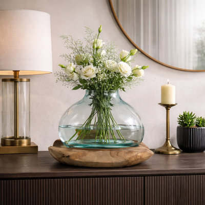 Artistic Round Table Glass Vase on Teak Wood Base for Home Decor - Sculptural Tall Flower Vase Display for Living Room Styling - 20", Brown & Clear
