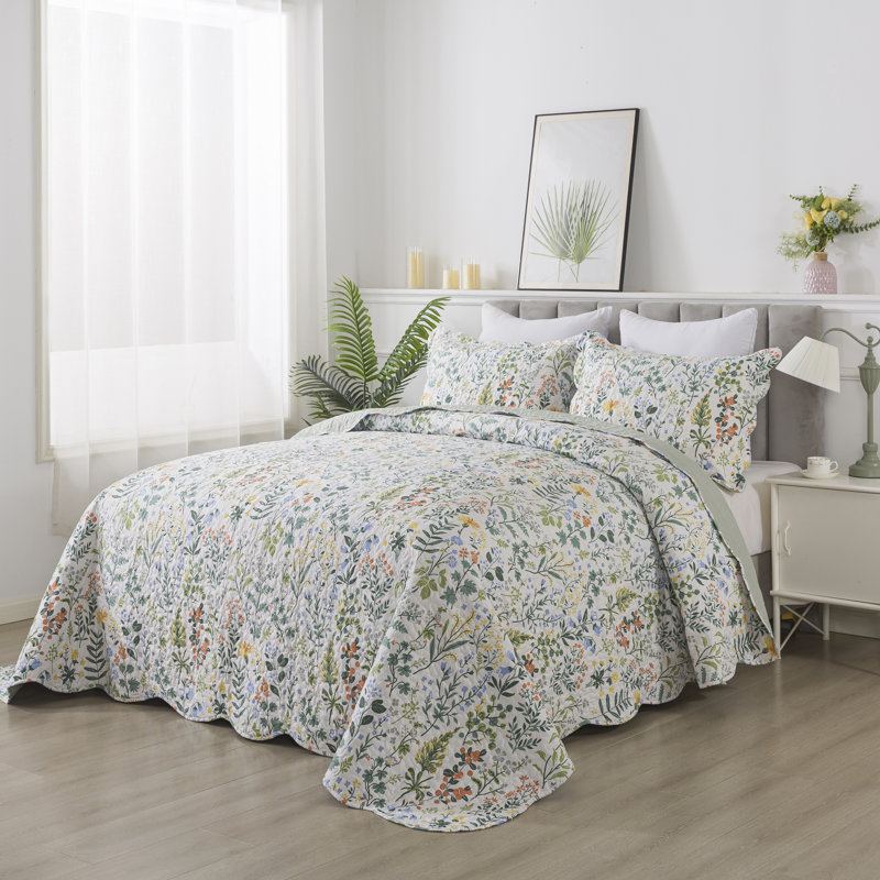 HoneiLife Small floral pattern White Blended Quilting Bedding sets, white, QUEEN