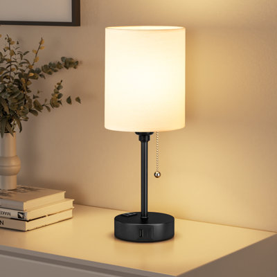 14.6'' Black Moden Bedside Table Lamp with Charging Ports & Pull Chain 