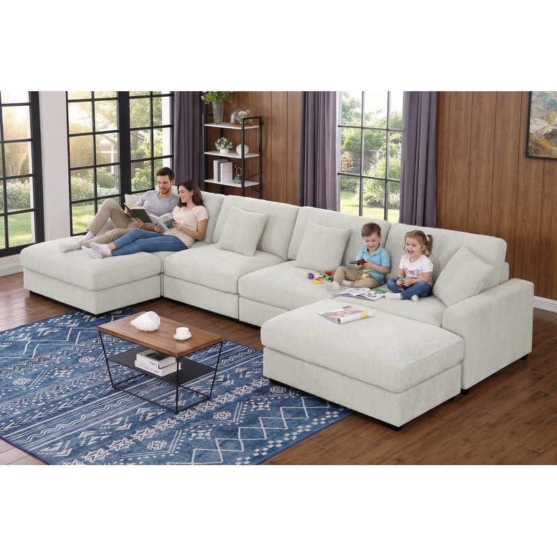 6 - Piece 168" U Shape Sectional Sofa Cloud Couch With Removable Ottomans, White Chenille
