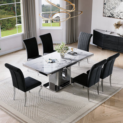 70.08”Faux Marble Top Pedestal Dining Table Set