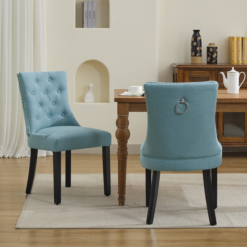 Tufted Upholstered Dining Chairs with Solid Wood Legs, Light Blue, Black