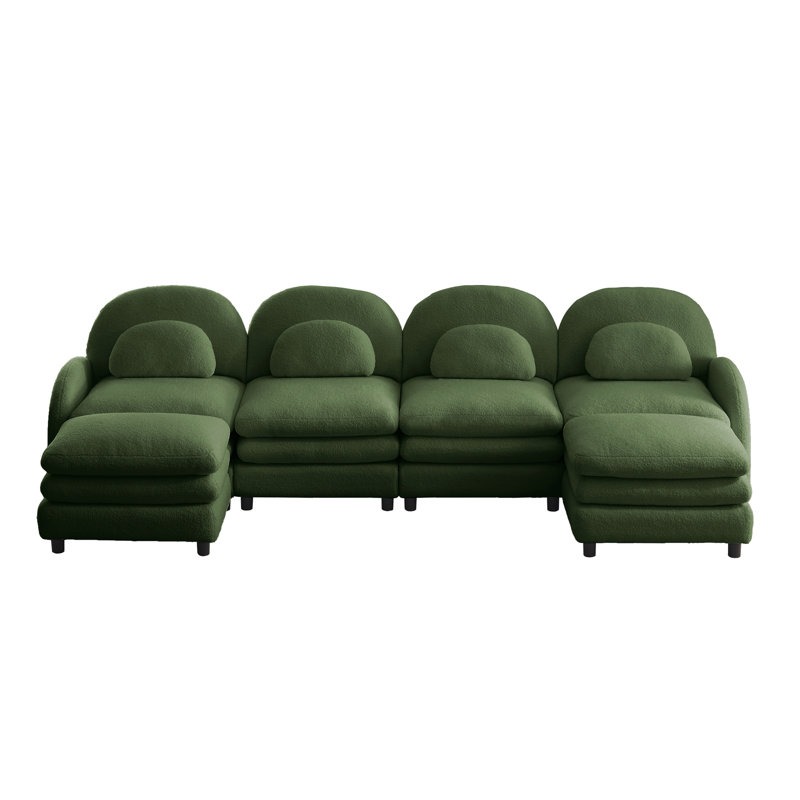 Canapé Teddy en tissu 4 places en forme de nuage, dossier incurvé et accoudoirs avec coussins lombaires incurvés, canapé modulaire 4 places modulaire avec 2 repose-pieds mobiles et coussin de soutien à double couche, vert