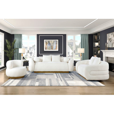 Luxurious Living Room Sofa With Pillows Soft White Fabric Upholstered Gold Accent Solid Wood Furniture 1Pc Couch