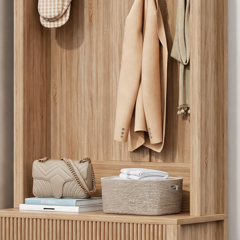 Natural-Colored Farmhouse-Style Entryway Coat Rack, Four-In-One Multi-Functional, Includes Hooks, Shoe Rack, Bench, And Hallway Use.