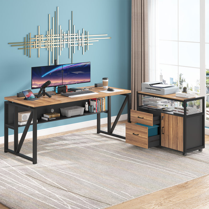 Bureau de direction et classeur latéral 2 pièces Lympsham, Brun / Noir, H 29 po x l 63 po x P 55 po