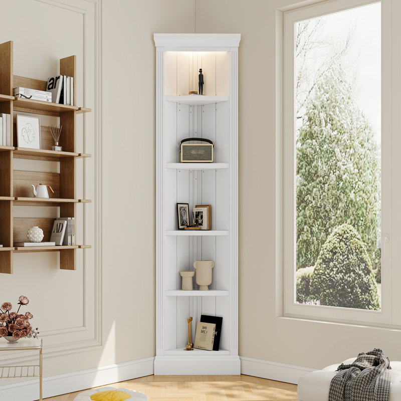 Bibliothèque de coin à 5 niveaux avec DEL, tablette blanche de 83,4 po de hauteur pour le bureau à domicile, le salon et la salle de jeu
