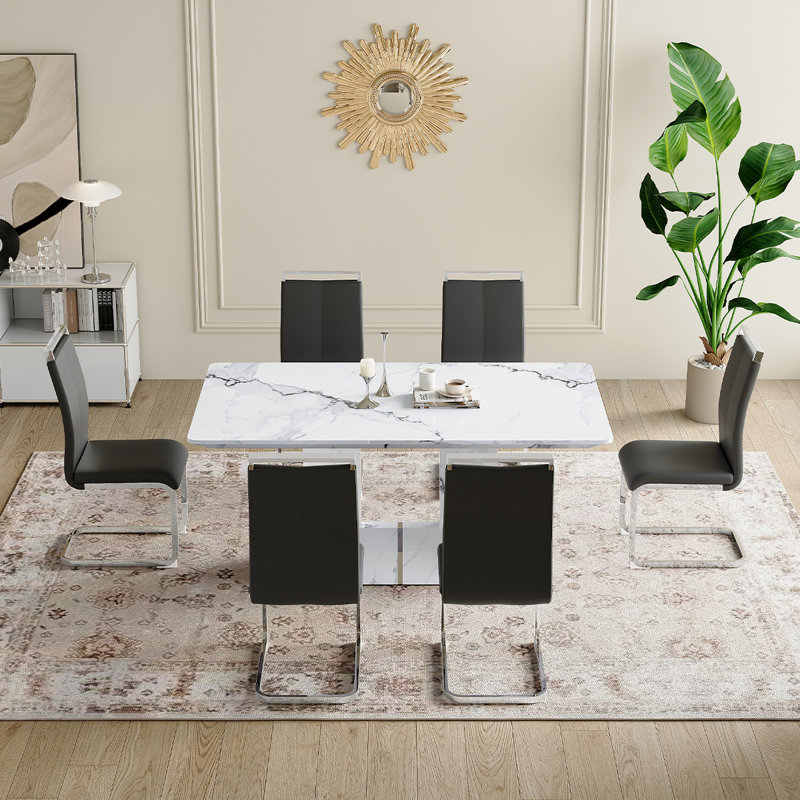 Ensemble de cuisine et salle à manger Modern, table de salle à manger en marbre avec chaises rembourrées, Noir / argenté