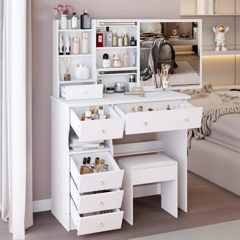 37" Middle Left Drawer Desktop Vanity Table + Cushioned Stool, Extra Large Right Sliding Mirror, White