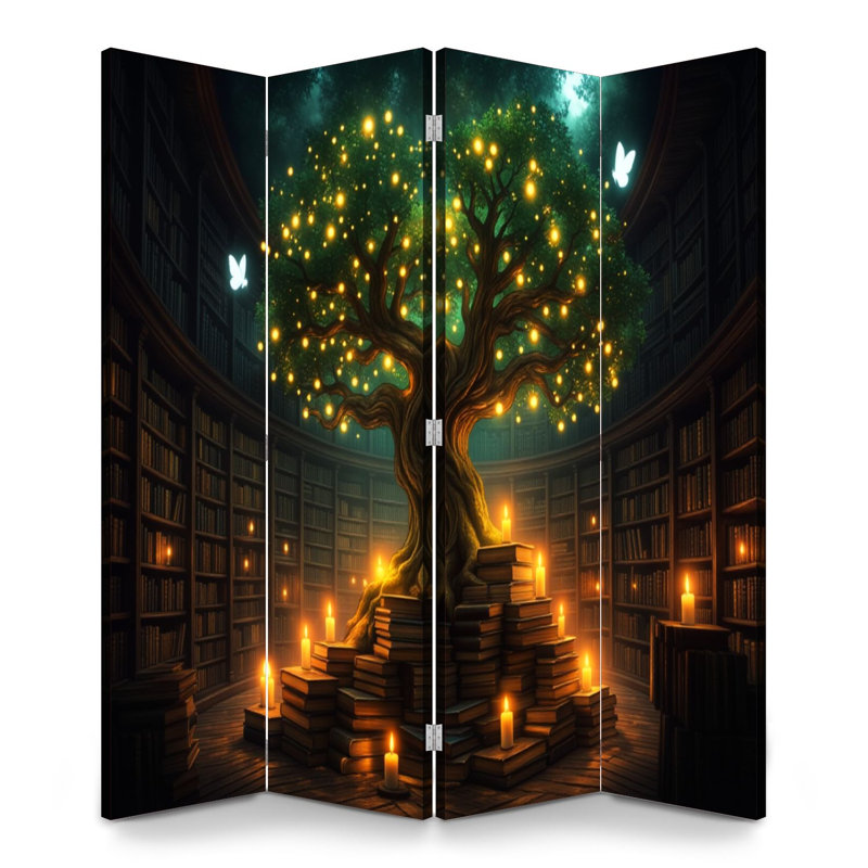 4 panneaux paravents diviseur de pièce Arbre magique royal Lumières rougeoyantes Cadre de bibliothèque mystérieux Bibliothèque toile séparateur de pièce Paravent de protection autoportant Cloison d'intimité