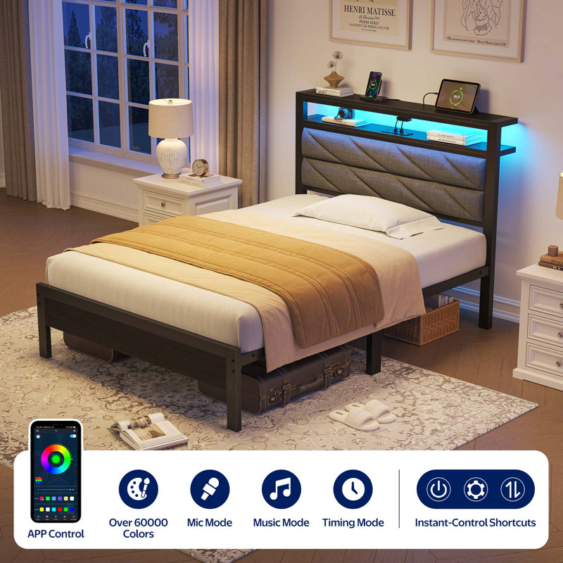 Twin Bed Frame with Headboard, Upholstered Bed with Storage Shelves and Charging Station, Gray, Twin, No Drawers