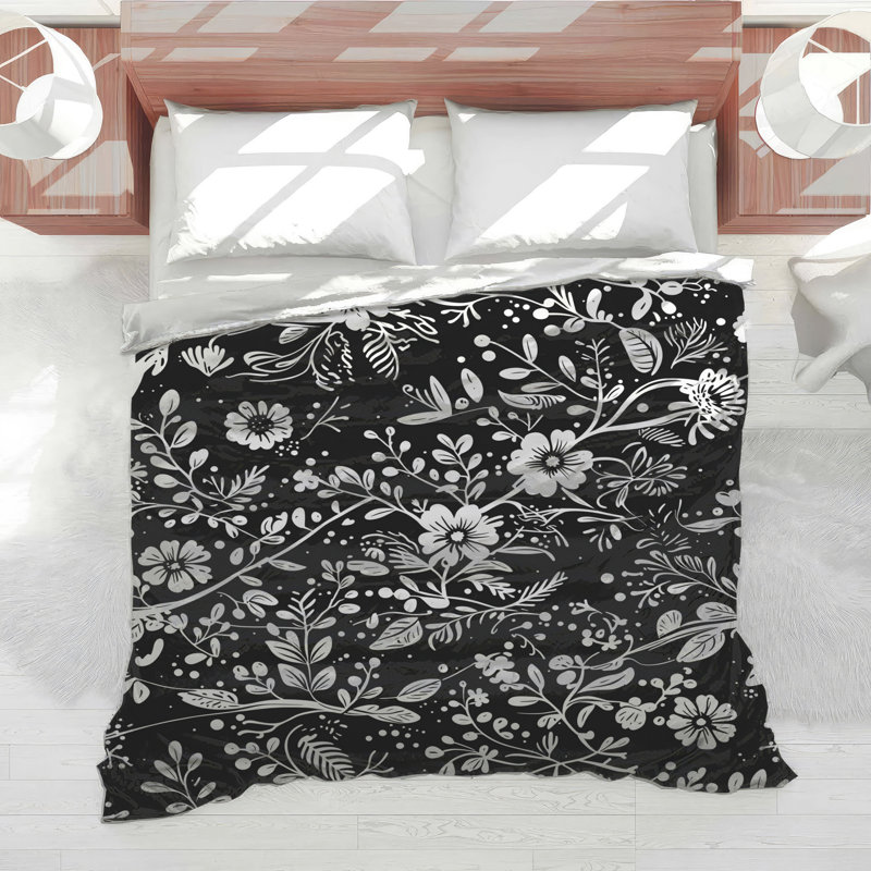 Édredon noir et blanc à motif floral, Très grand lit