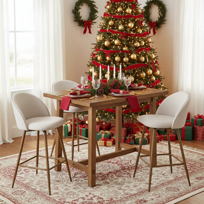 Corrigan Studio 26" Swivel Counter Stool with Beige Fabric Seat & Oak Legs — Modern Counter-Height Chair for Kitchen Island or Dining Bar