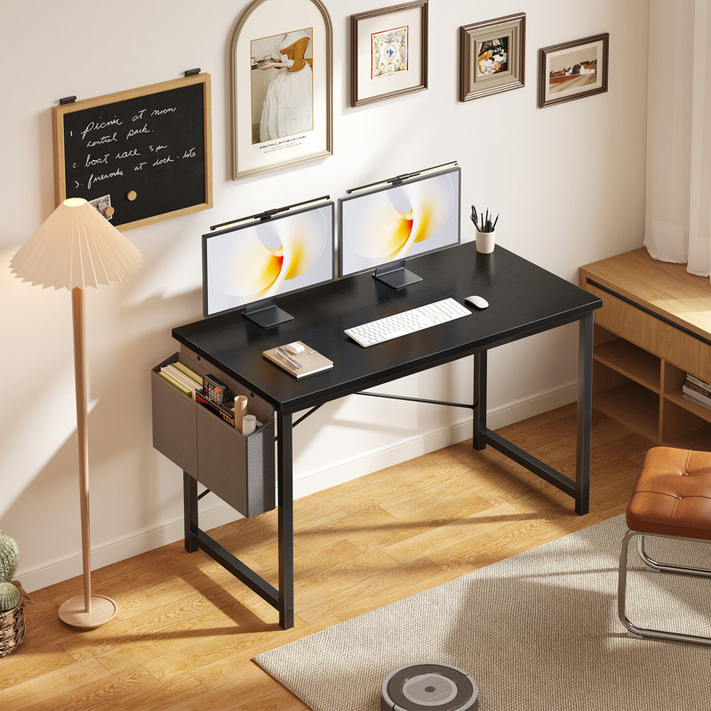 Bureau d'ordinateur de 55 po avec structure en métal, surface imperméable et sac de rangement - idéal pour le bureau, Black