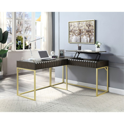 Bureau d'ordinateur transitionnel bicolore noyer, port USB avec plateau relevable et tiroir dissimulé